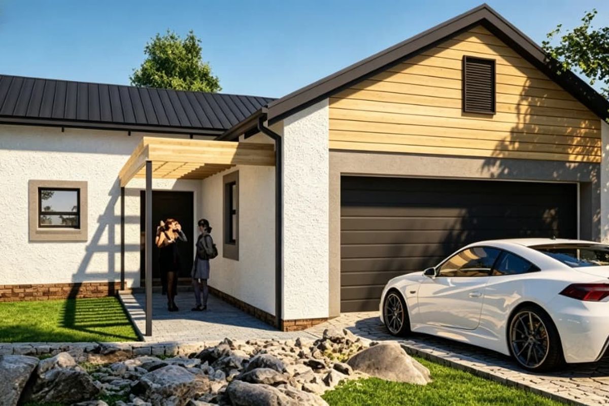 Modern single-story residence featuring a combination of stucco and timber cladding, a metal roof, and an integrated garage with a paved driveway.