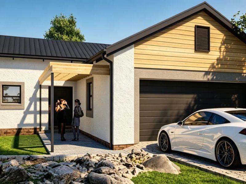 Modern single-story residence featuring a combination of stucco and timber cladding, a metal roof, and an integrated garage with a paved driveway.