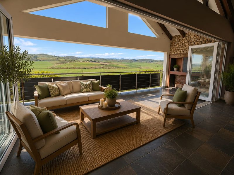 Spacious covered patio featuring a stone fireplace, tiled flooring, and expansive views of the surrounding landscape through large bi-fold doors.