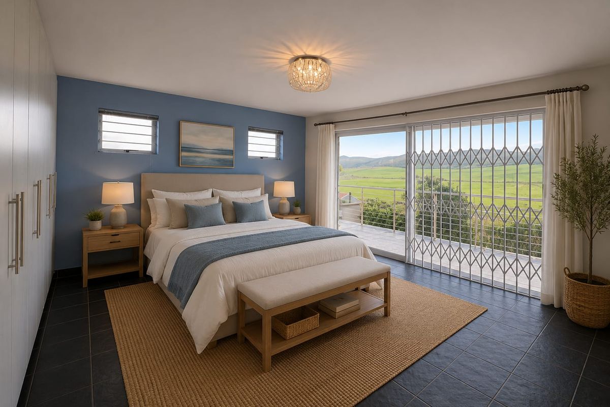 Spacious bedroom featuring built-in cupboards, tiled flooring, and large sliding doors opening to a balcony with scenic landscape views.