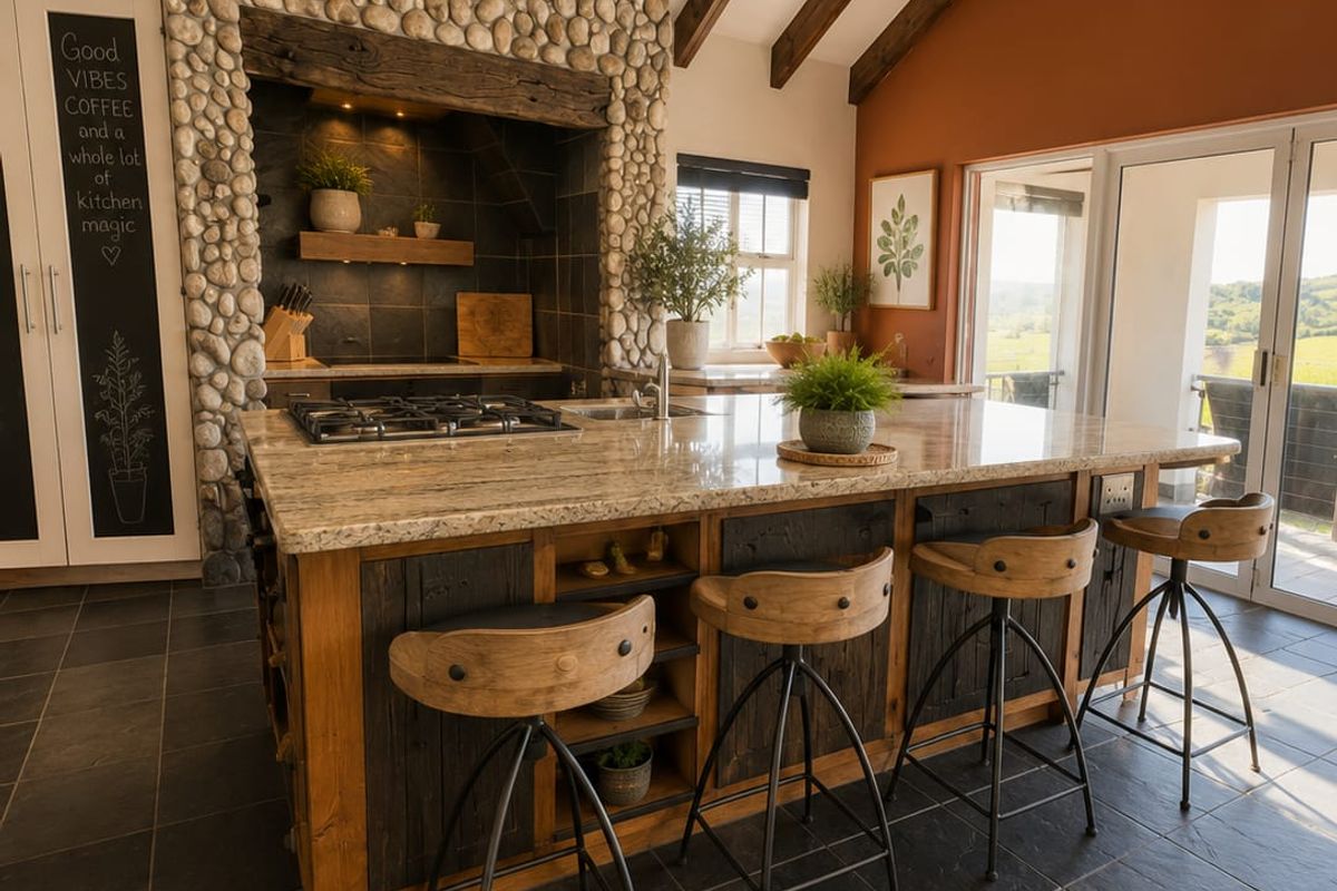 A rustic-style kitchen featuring a stone-clad chimney breast, exposed timber beams, a large granite-topped island, and slate flooring with access to an outdoor area.