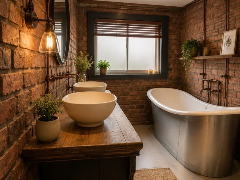A stylish industrial-themed bathroom featuring exposed brick walls, a metallic freestanding bathtub, dual vessel sinks, and exposed copper plumbing fixtures.