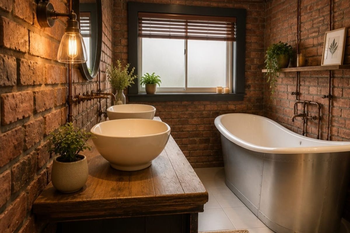 A stylish industrial-themed bathroom featuring exposed brick walls, a metallic freestanding bathtub, dual vessel sinks, and exposed copper plumbing fixtures.