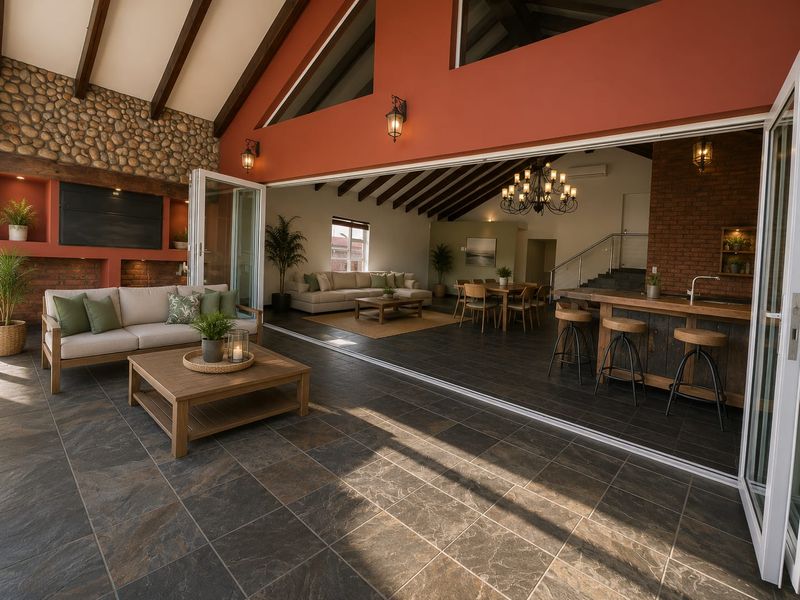 Spacious open-plan living area featuring exposed timber beams, stone and brick feature walls, and seamless indoor-outdoor flow through large bi-fold glass doors.
