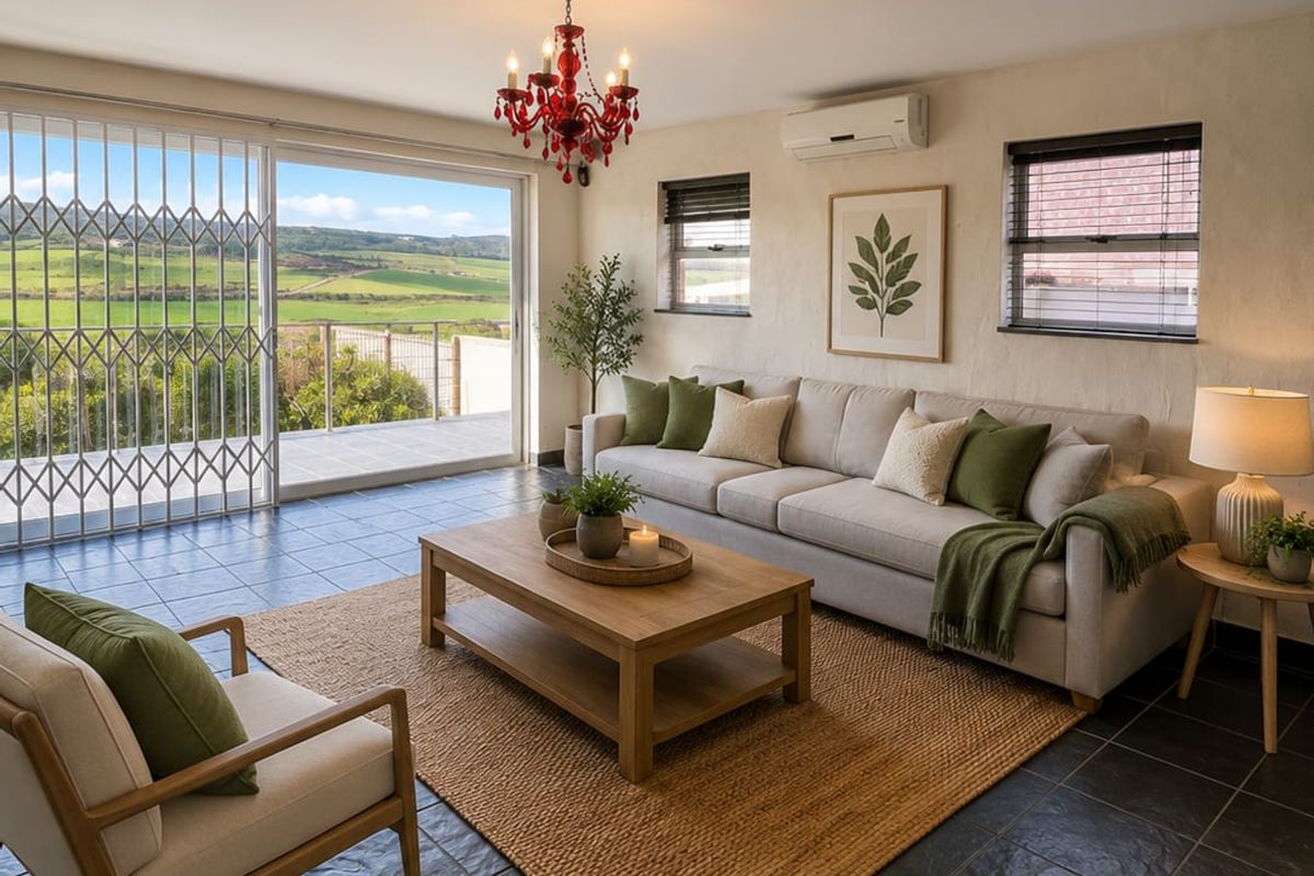 A bright and spacious living room featuring dark tiled floors, a split-system air conditioner, and large sliding doors opening to a scenic outdoor view.
