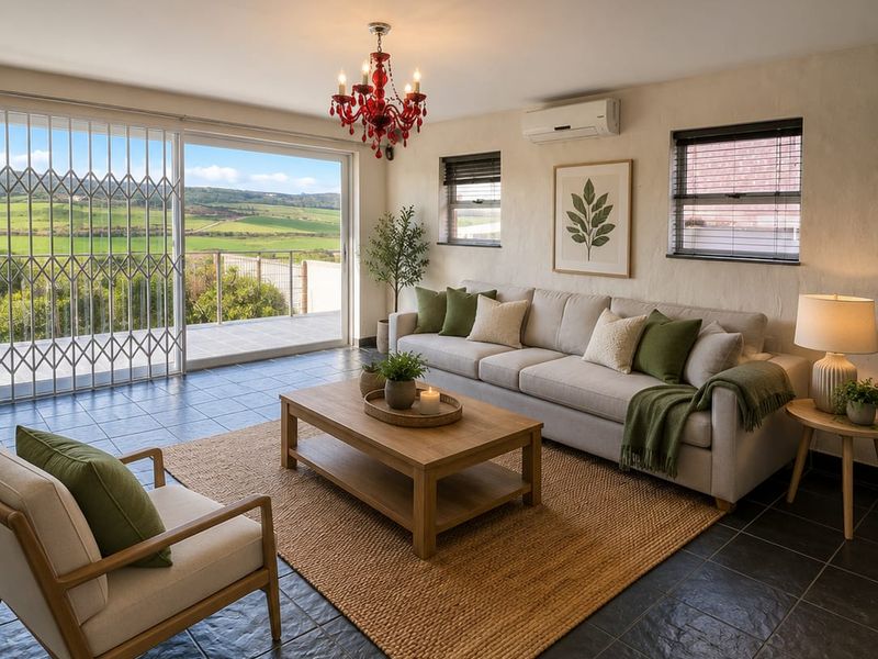 A bright and spacious living room featuring dark tiled floors, a split-system air conditioner, and large sliding doors opening to a scenic outdoor view.