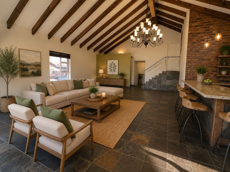 Spacious open-plan living area featuring vaulted ceilings with exposed timber beams, a striking brick feature wall, stone flooring, and a breakfast bar.