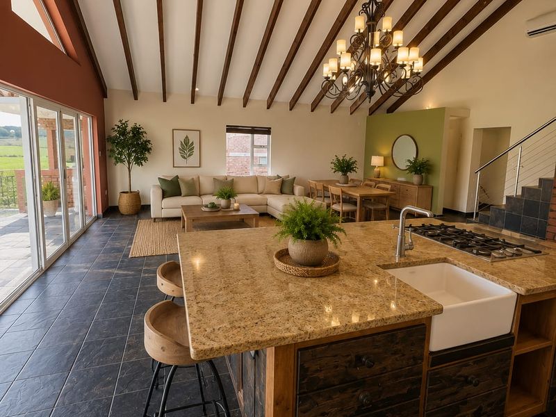 Spacious open-plan living and kitchen area featuring exposed timber beams, a large granite island with farmhouse sink, and expansive sliding doors to the patio.