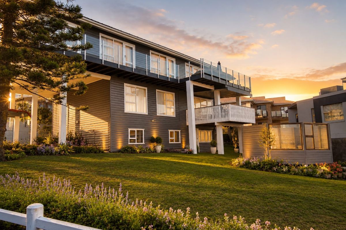 A beautifully maintained rear exterior view of a multi-level home featuring timber cladding, a spacious balcony with glass balustrades, and a manicured garden.