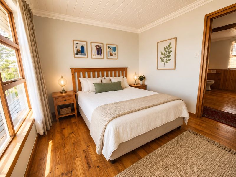 A well-maintained bedroom featuring warm timber flooring, tongue and groove ceiling detailing, and large timber-framed windows allowing for natural light.