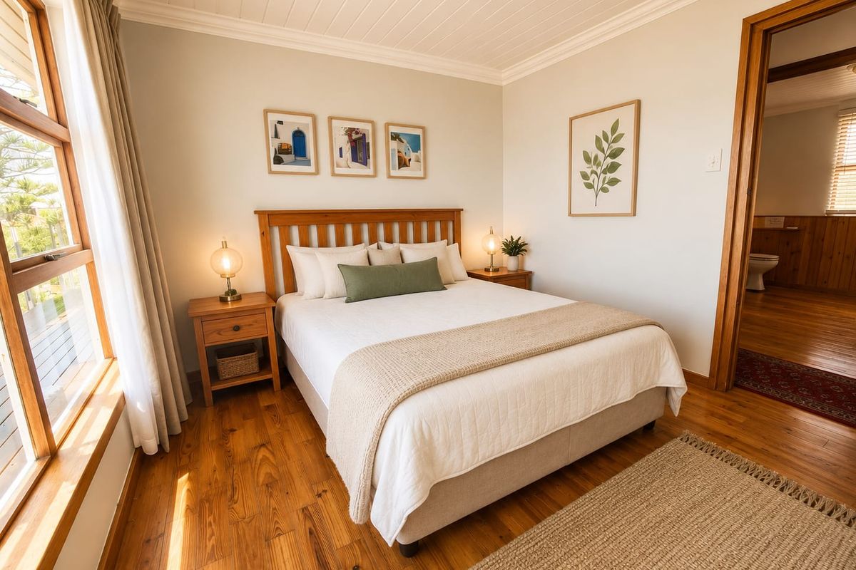 A well-maintained bedroom featuring warm timber flooring, tongue and groove ceiling detailing, and large timber-framed windows allowing for natural light.