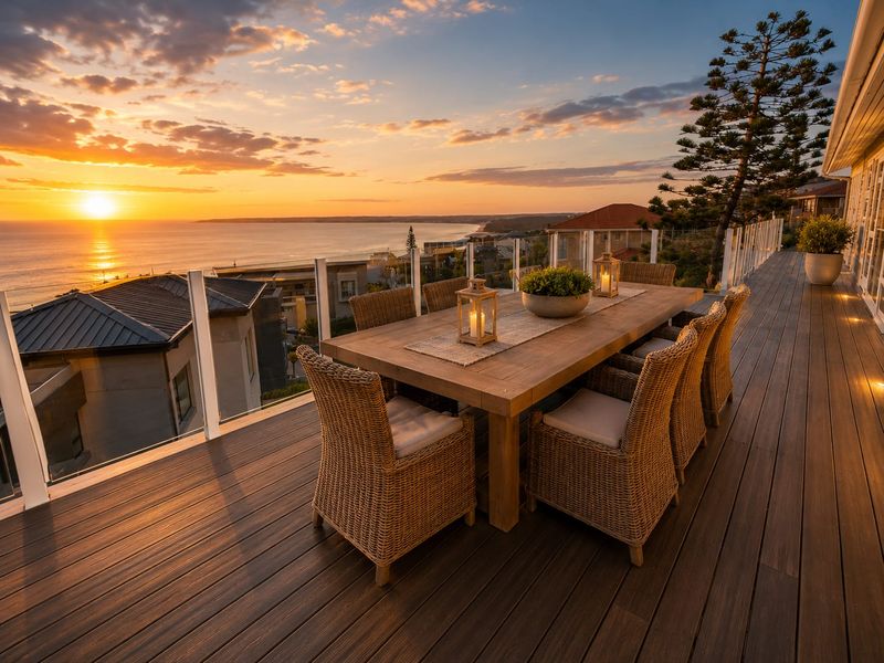 Spacious elevated timber deck featuring a modern glass balustrade and stunning sunset ocean views, perfect for outdoor entertaining.