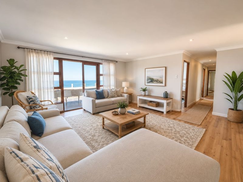 Bright and spacious living room featuring hardwood flooring, recessed lighting, and large sliding glass doors offering expansive ocean views.