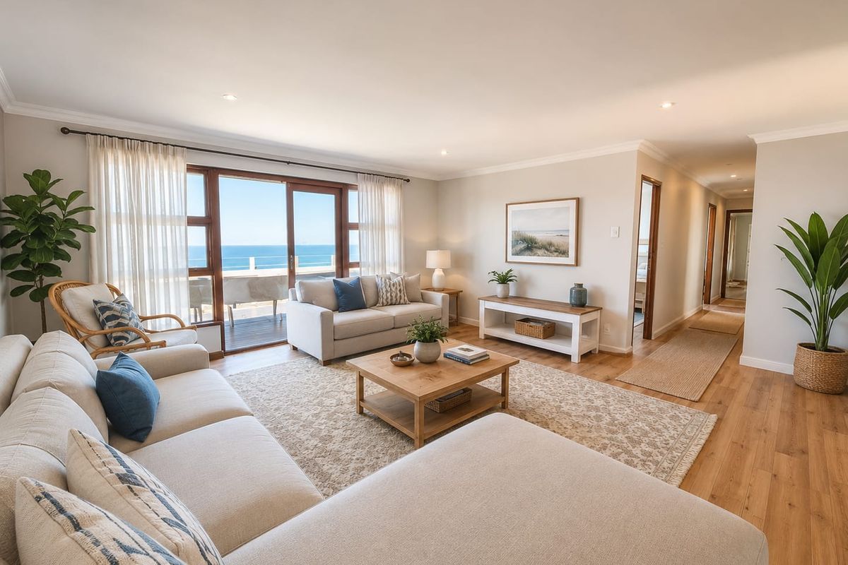 Bright and spacious living room featuring hardwood flooring, recessed lighting, and large sliding glass doors offering expansive ocean views.
