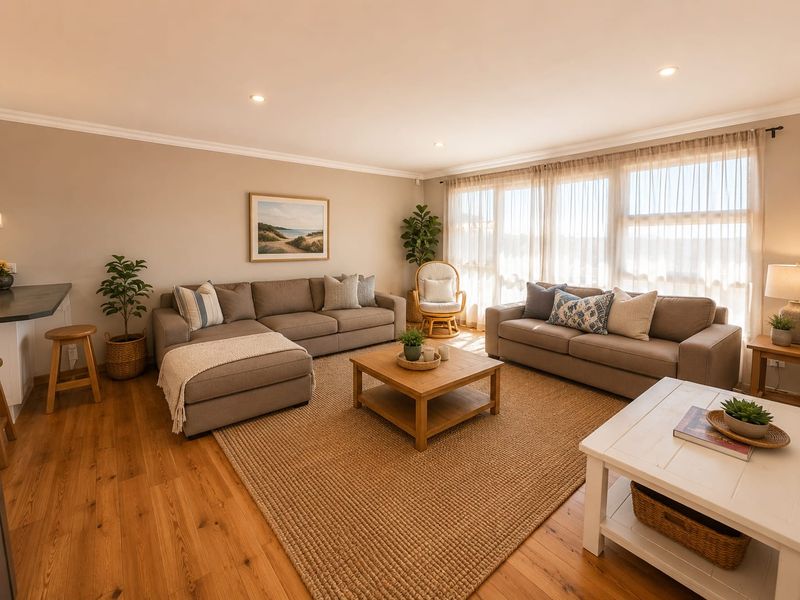 A bright and inviting living room featuring warm timber flooring, recessed downlighting, and large windows that allow for ample natural light.
