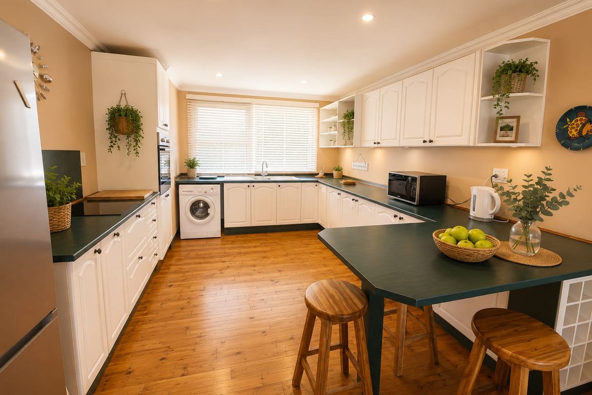 A well-maintained kitchen featuring white cabinetry, dark countertops, integrated appliances, and warm wood-look flooring with ample natural light.