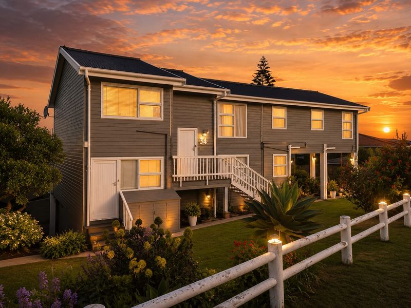 A well-maintained two-story weatherboard house featuring a timber staircase, exterior lighting, and a post and rail fence, captured during a vibrant sunset.