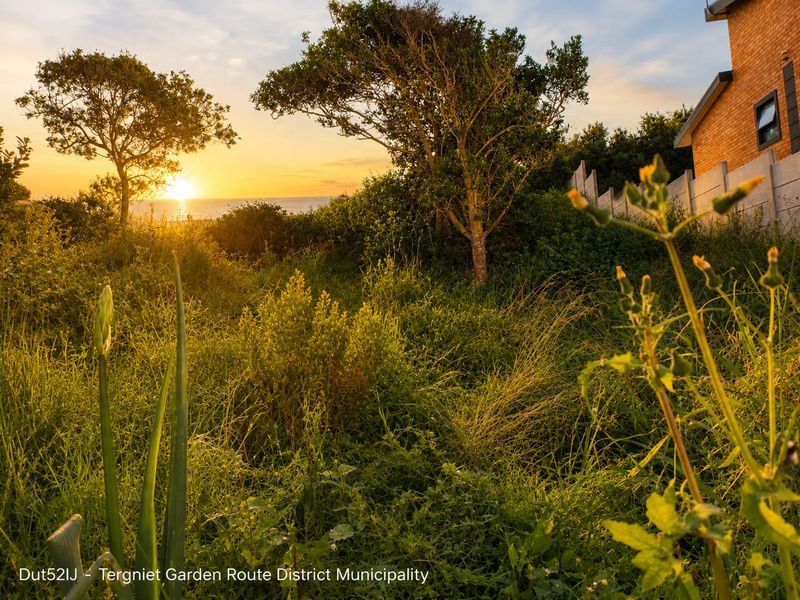 A scenic sunset view over the coastal landscape, featuring natural vegetation and a partial view of a residential boundary wall.