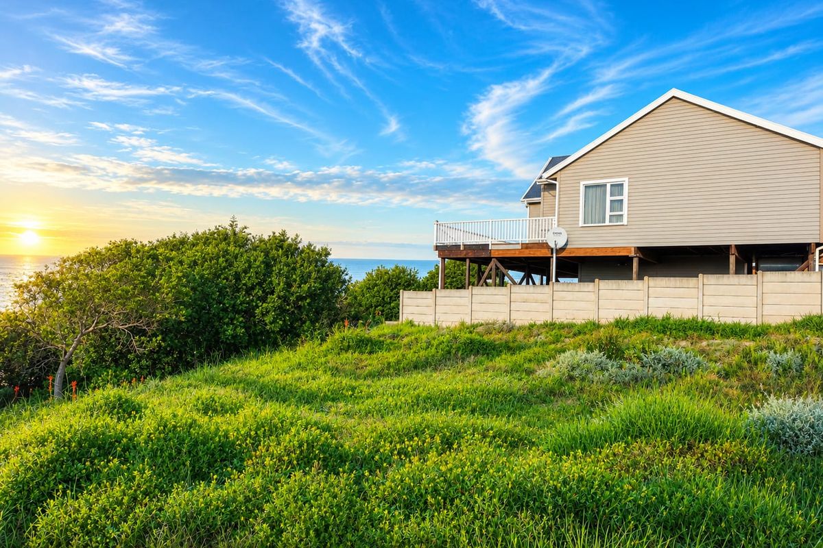 Rear view of the property featuring a raised wooden deck with white balustrades, overlooking a coastal landscape with a precast boundary wall.