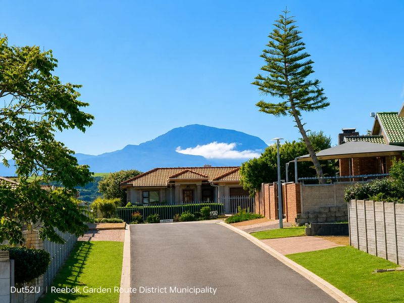 A clear street view of a residential property featuring a tiled roof home, paved driveway, and mountain backdrop in the Garden Route District.