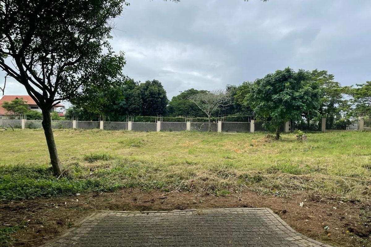 A view of a vacant residential plot featuring established trees, grassed area, and a perimeter fence.