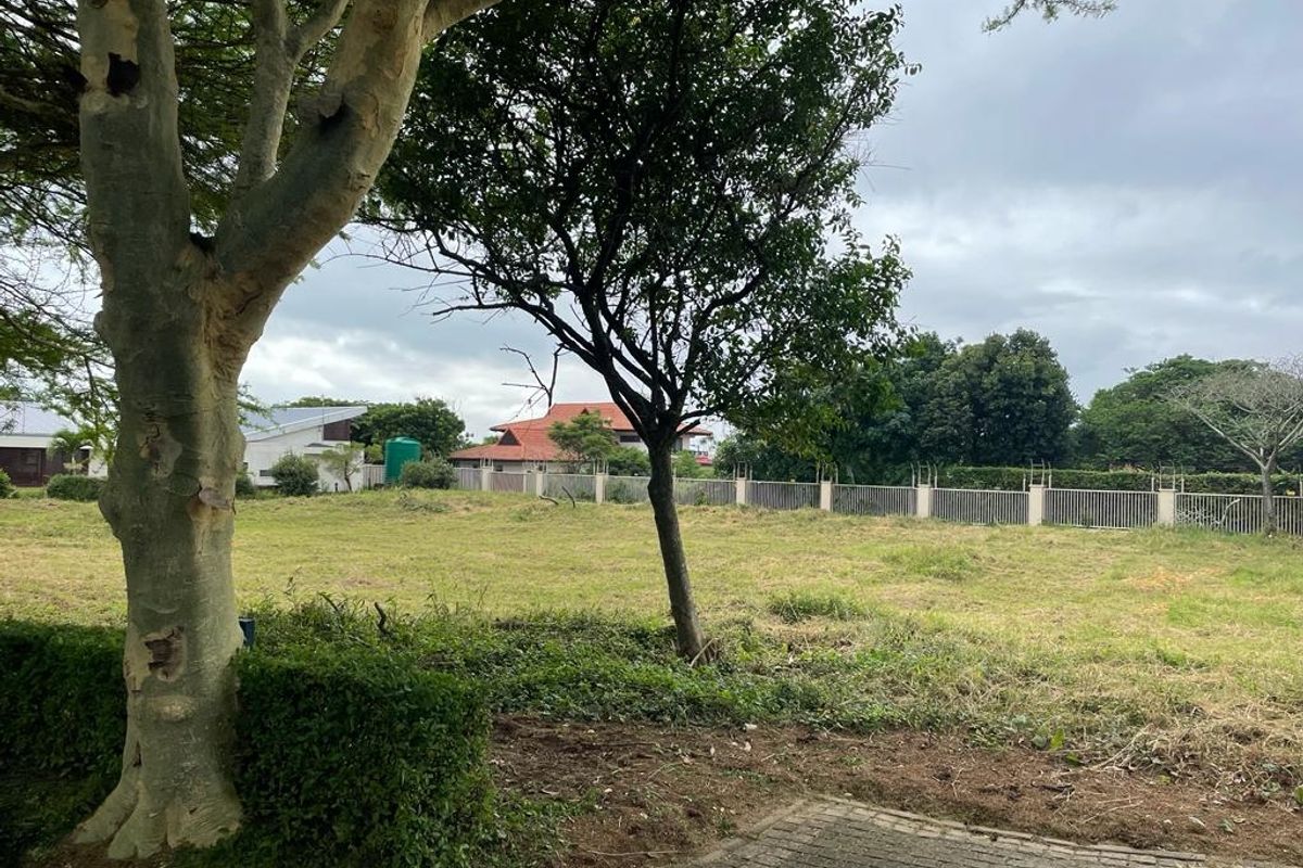 A view of a vacant residential plot featuring established trees, grassed area, and perimeter fencing.