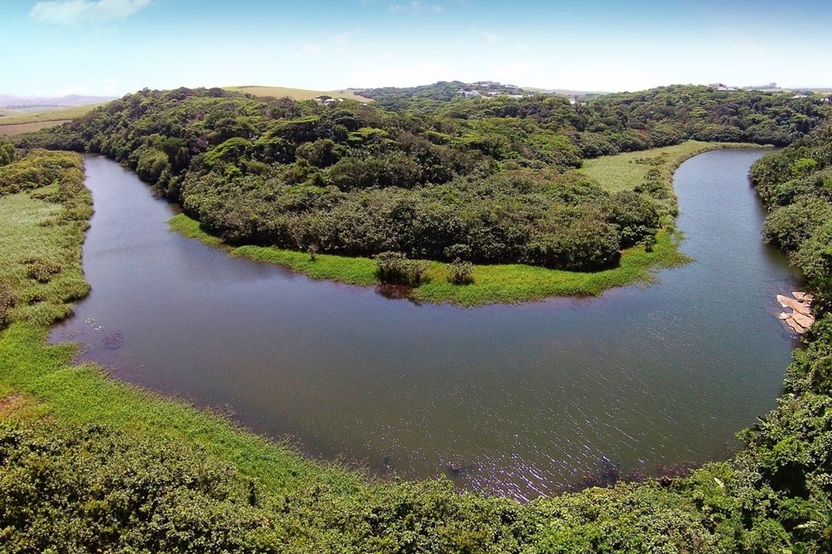 An aerial view of a scenic river bend surrounded by lush natural vegetation and indigenous forest.