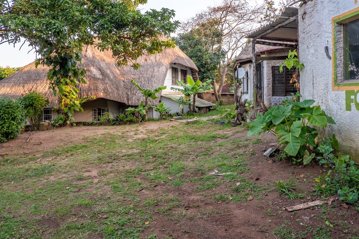 A view of the rear garden area featuring a thatched roof structure and an adjacent building with weathered exterior finishes.