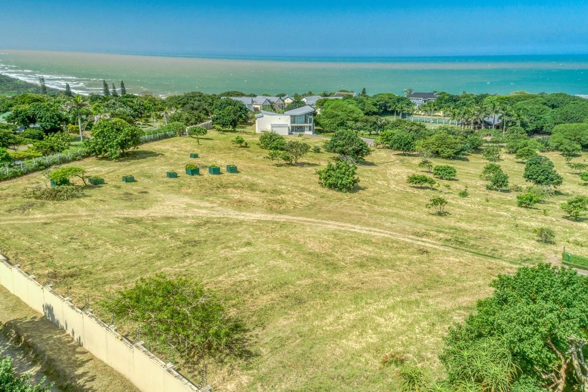 An elevated aerial view of a large, vacant residential plot featuring established trees, perimeter fencing, and scenic coastal views in the background.