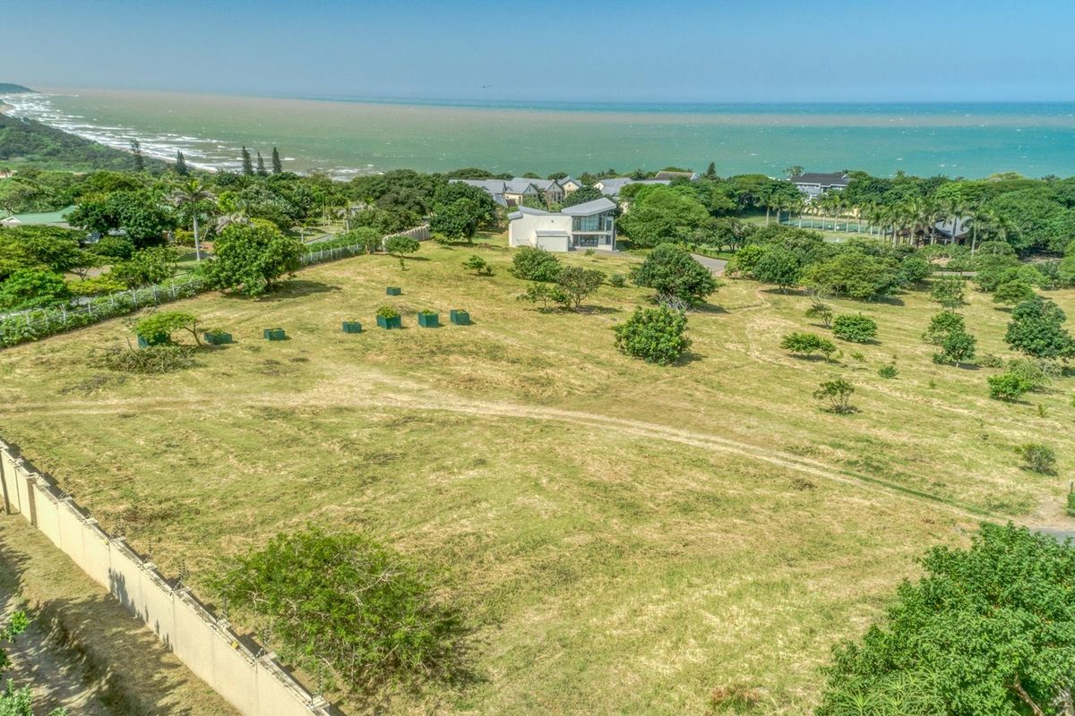 An elevated aerial view of a large, vacant residential plot featuring established trees, perimeter walling, and scenic coastal views in the background.