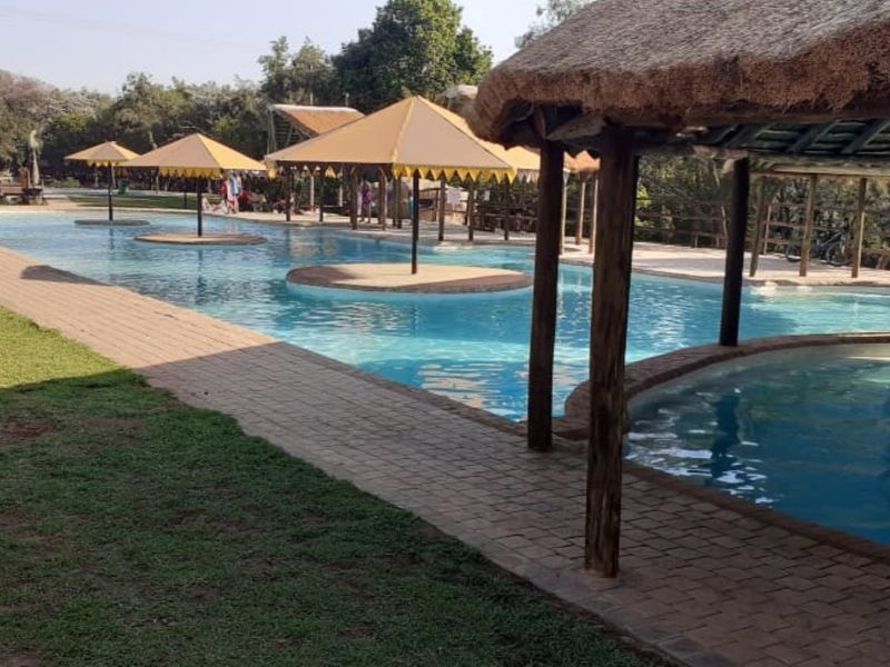 Outdoor swimming pool area featuring multiple thatched shade structures, paved walkways, and landscaped surroundings, ideal for recreational use.