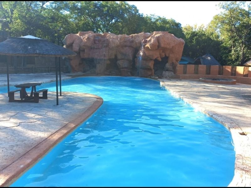 Outdoor pool area featuring a large swimming pool with a decorative rock waterfall feature and a thatched gazebo for shade.
