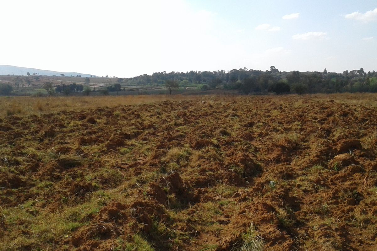 A wide-angle view of a large, undeveloped commercial land plot featuring tilled soil and natural vegetation.