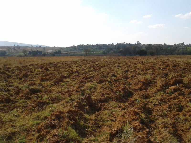 A wide-angle view of a large, undeveloped commercial land plot featuring tilled soil and natural vegetation.