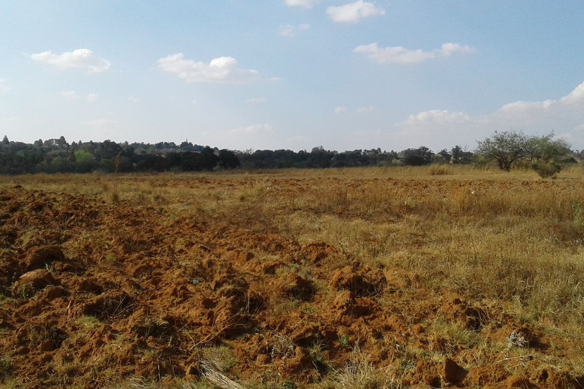 A view of a large, undeveloped commercial land plot featuring cleared soil and natural vegetation under a clear sky.