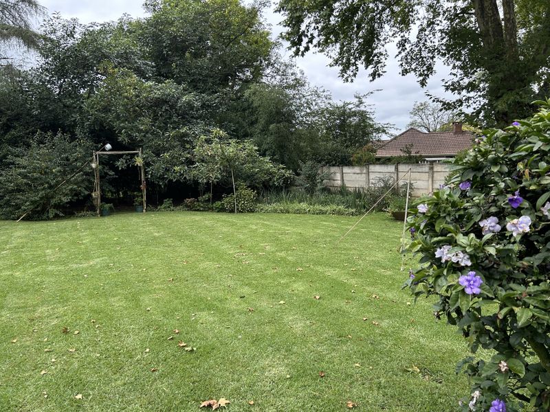 A spacious, well-established garden featuring a large lawn, mature trees, and a concrete boundary wall.