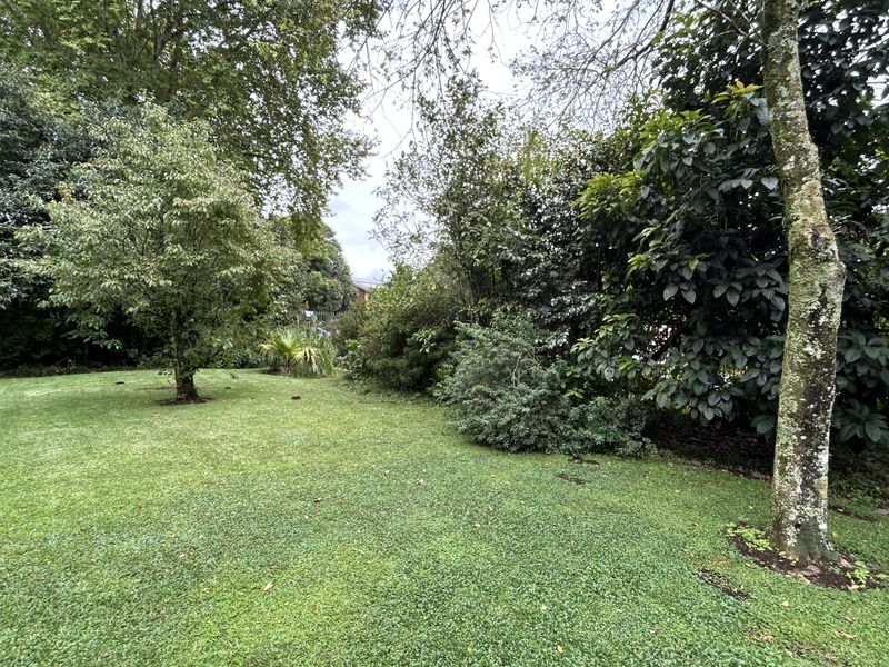 A lush, established garden area featuring mature trees, dense shrubbery, and a well-maintained lawn.