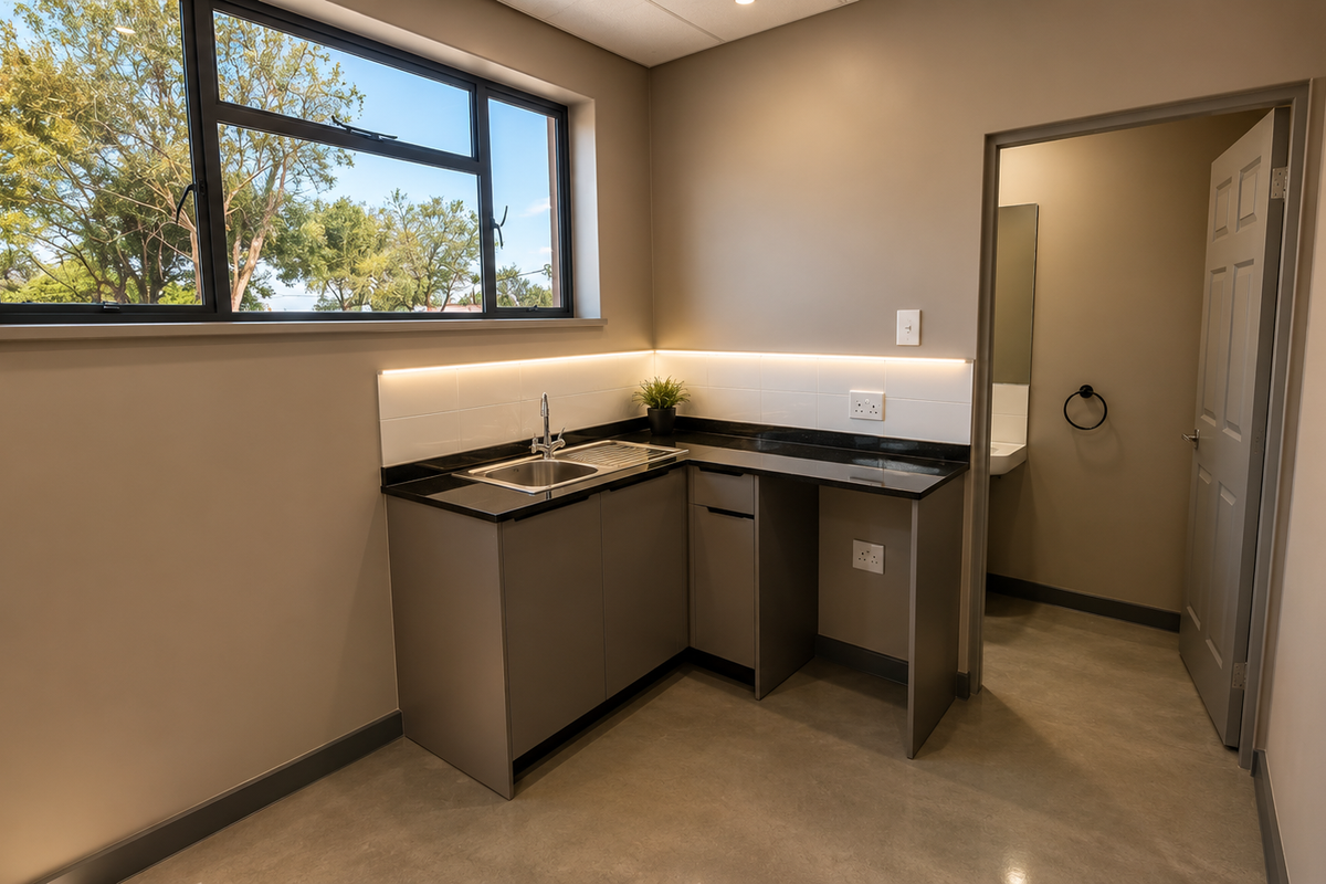 A modern, minimalist kitchenette featuring sleek cabinetry, stone countertops, a stainless steel sink, and polished concrete floors, with an adjacent private restroom.