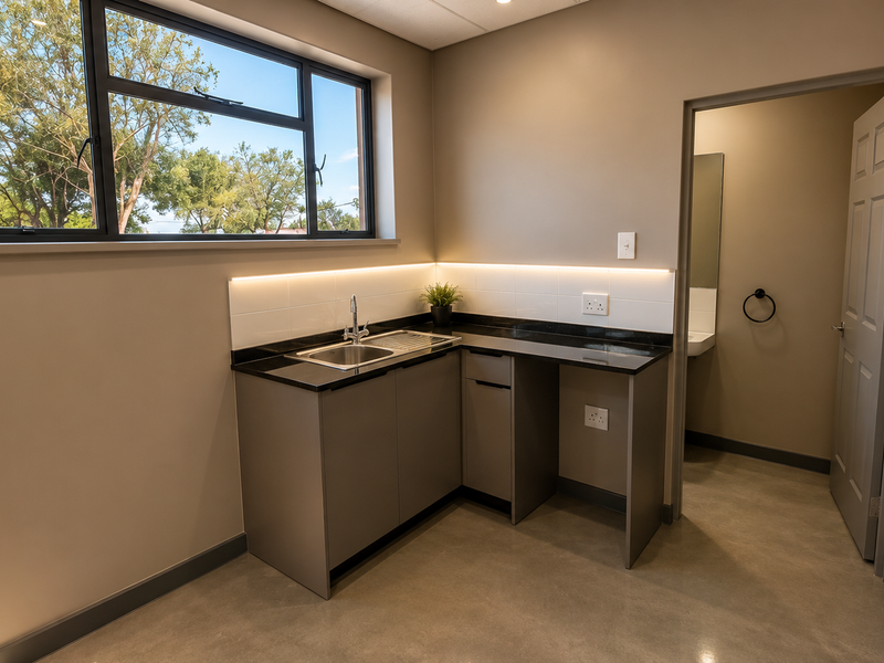 A modern, minimalist kitchenette featuring sleek cabinetry, stone countertops, a stainless steel sink, and polished concrete floors, with an adjacent private restroom.