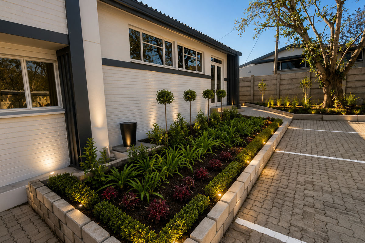 Well-maintained office exterior featuring a paved parking area, landscaped garden beds with integrated lighting, and a modern painted brick facade.