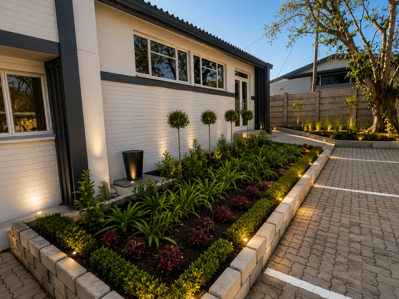 Well-maintained office exterior featuring a paved parking area, landscaped garden beds with integrated lighting, and a modern painted brick facade.