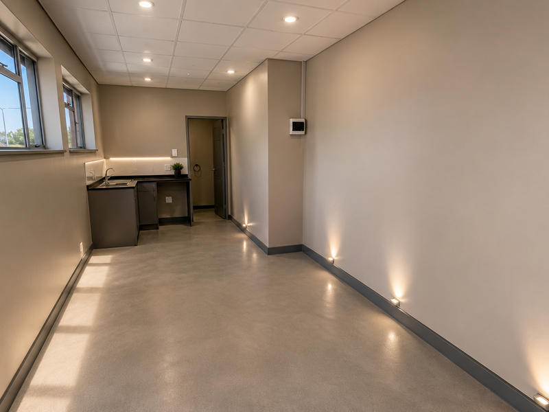 Modern office space featuring polished concrete floors, recessed ceiling lighting, wall-mounted accent lights, and a compact kitchenette area with a sink.