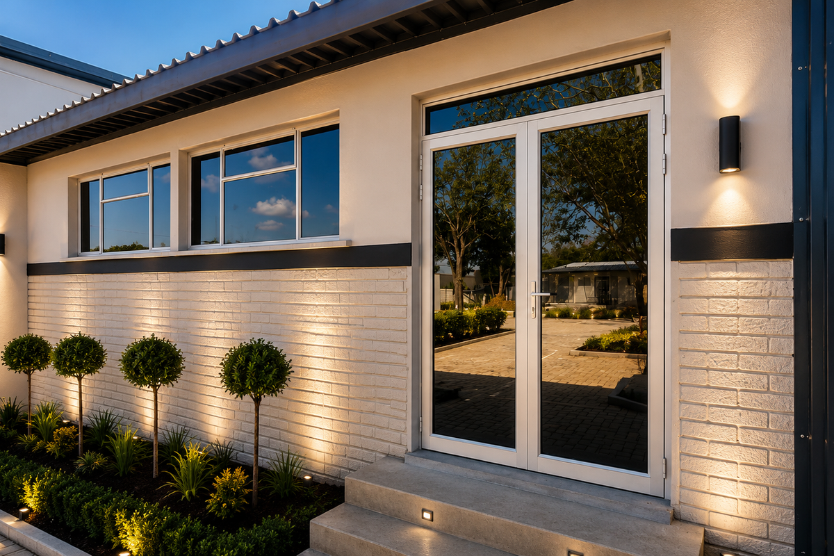 Modern office exterior featuring a clean brick facade, double glass entrance doors, and integrated architectural lighting with manicured landscaping.