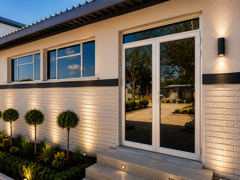 Modern office exterior featuring a clean brick facade, double glass entrance doors, and integrated architectural lighting with manicured landscaping.