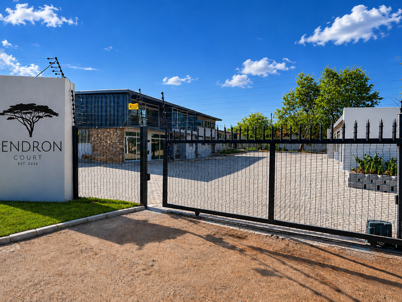 Front entrance view of Dendron Court office complex featuring a secure sliding gate, electric fencing, and a well-maintained paved driveway.