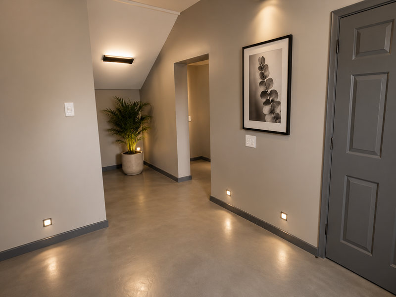 A modern, well-lit hallway featuring polished concrete flooring, recessed floor-level accent lighting, and a contemporary grey panelled door.