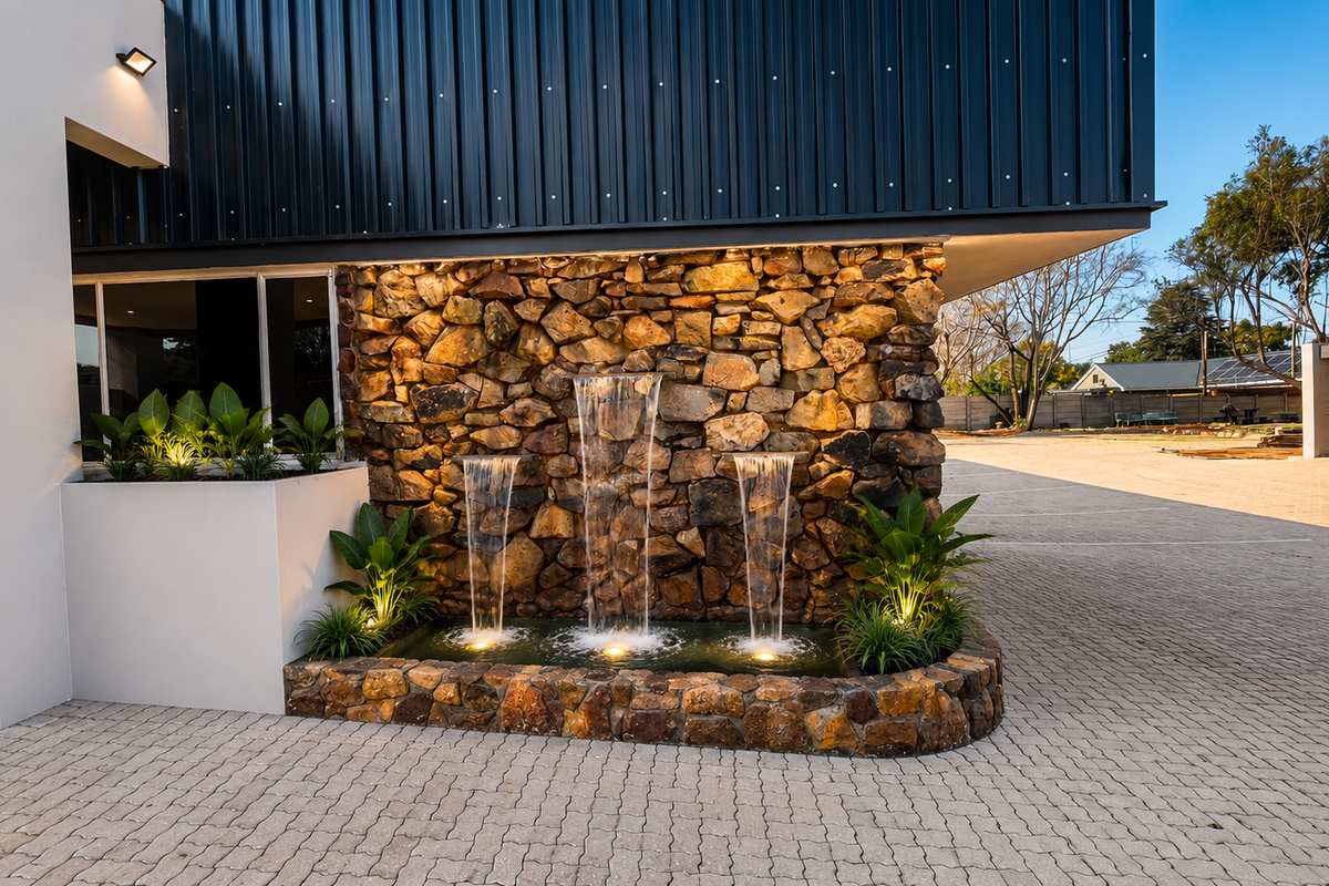 Modern office exterior featuring a decorative stone water feature, paved driveway, and contemporary metal and stucco facade finishes.