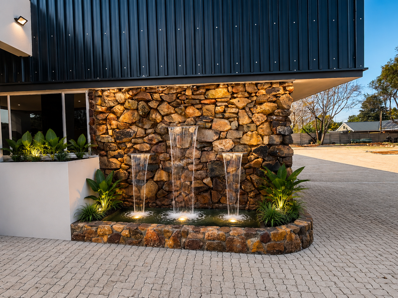 Modern office exterior featuring a decorative stone water feature, paved driveway, and contemporary metal and stucco facade finishes.