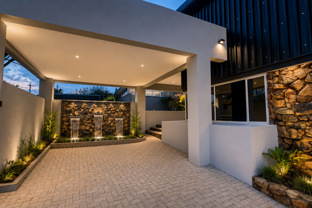 A modern office entrance featuring a paved driveway, covered portico, stone feature wall with integrated water fountain, and professional exterior lighting.