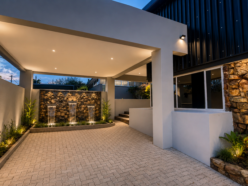 A modern office entrance featuring a paved driveway, covered portico, stone feature wall with integrated water fountain, and professional exterior lighting.